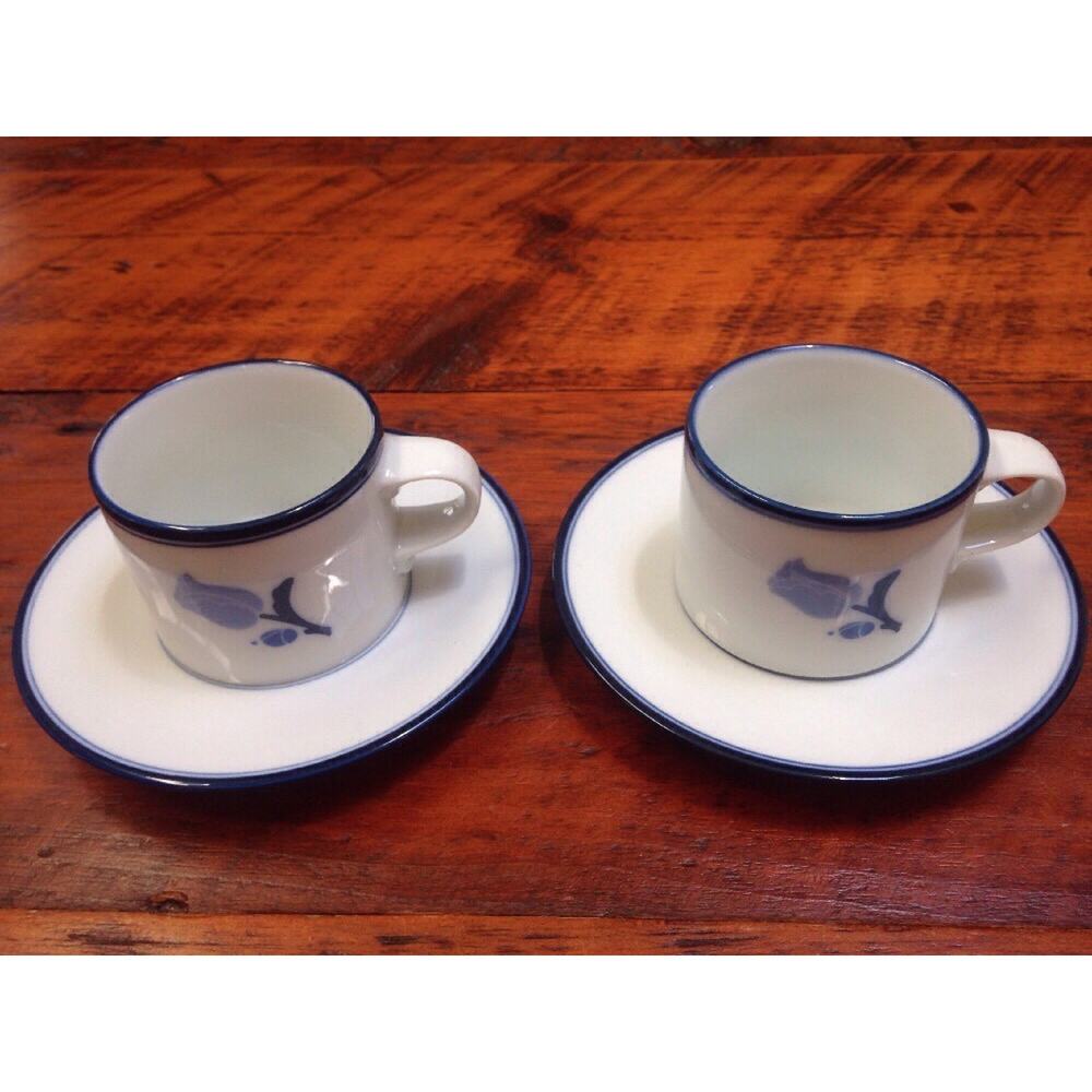 Pair Vintage Dansk La Tulipe Delft Blue White Porcelain Coffee Tea Saucers Set
